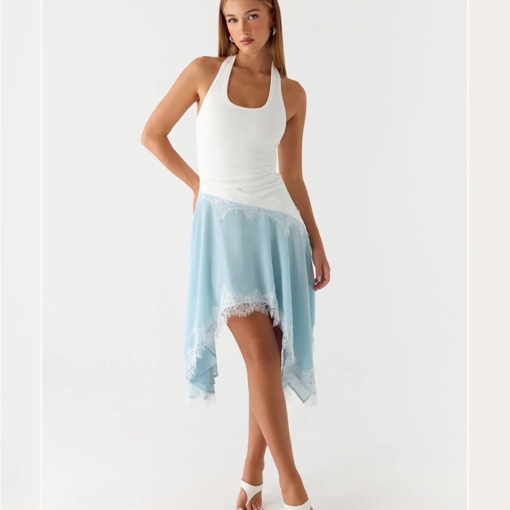 Peppermayo Brionee Midi White and Light Blue Lace Trim Halter Dress